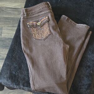Brown Straight Leg Jeans with Embroidered Details
